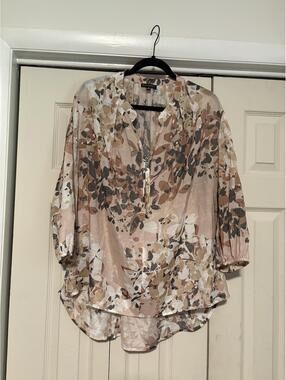 Ava & Grace Floral Blouse Neutral Boho 3/4 Sleeve Lightweight Top